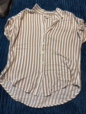 Lightweight Beige & White Striped Button-Down Shirt - Relaxed Collared Top